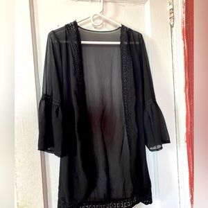 Sheer, black open long sleeve/cardigan. Size M/L.